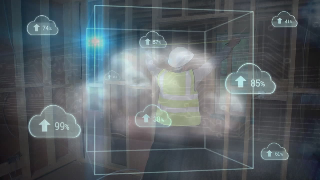 백인 남성 엔지니어 측정 벽을 통해 데이터를 업로드하는 구름 아이콘의 애니메이션