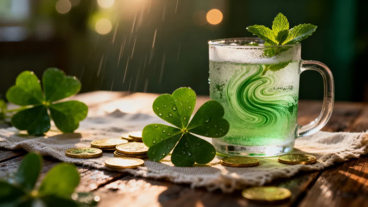 Falling rain creating droplets on glass mug, green swirl and mint on wooden table, coins, clover