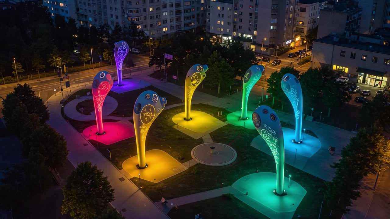Illuminated Sculptures: A Vibrant Display of Colorful Designs Lighting Up the Urban Landscape at Night, Showcasing Creativity and Artistry in an Enchanting Setting