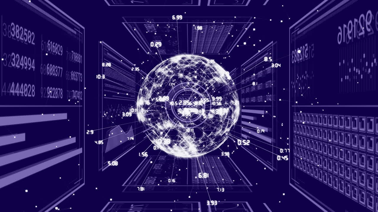 animación de procesamiento de datos y globo con red de conexiones sobre fondo negro
