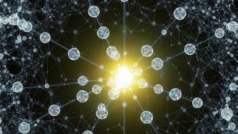 exploring the intricate network of energy and matter: a visual representation of quantum particles and their interactions amidst a cosmic background