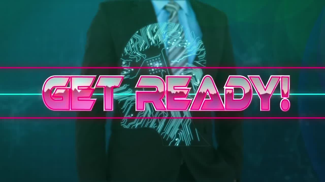 분홍색 금속 텍스트의 애니메이션 준비, 네온 라인을 통해, 인터페이스를 사용하는 사업가