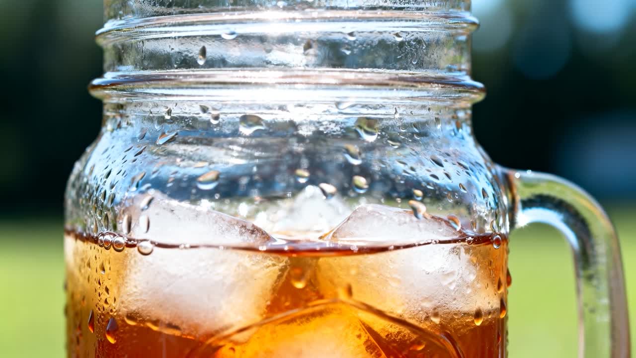 Shifting sunlight nudging condensation droplets on clear mason jar with amber drink and ice cubes