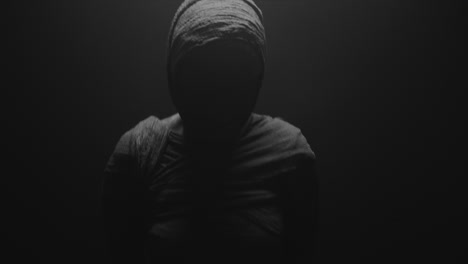 a mummy of a woman on a dark backdrop rises her head