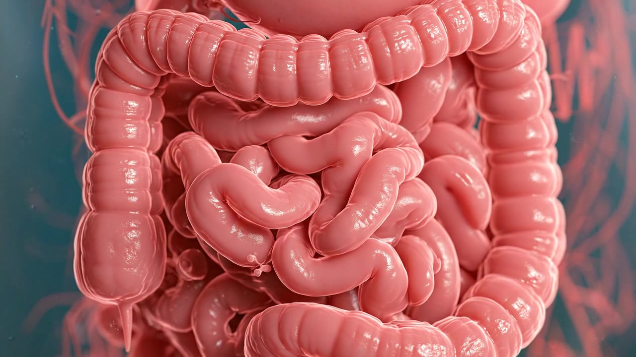 Visualizzazione dell'anatomia del sistema digerente umano che mostra gli organi intestinali avvolti