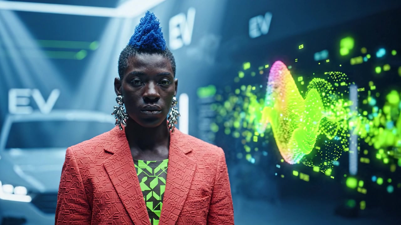 A Bold Fashion Statement in Electric Vibes: A Model Showcases an Eye-Catching Outfit with Vibrant Colors Against a Futuristic Electric Vehicle Background