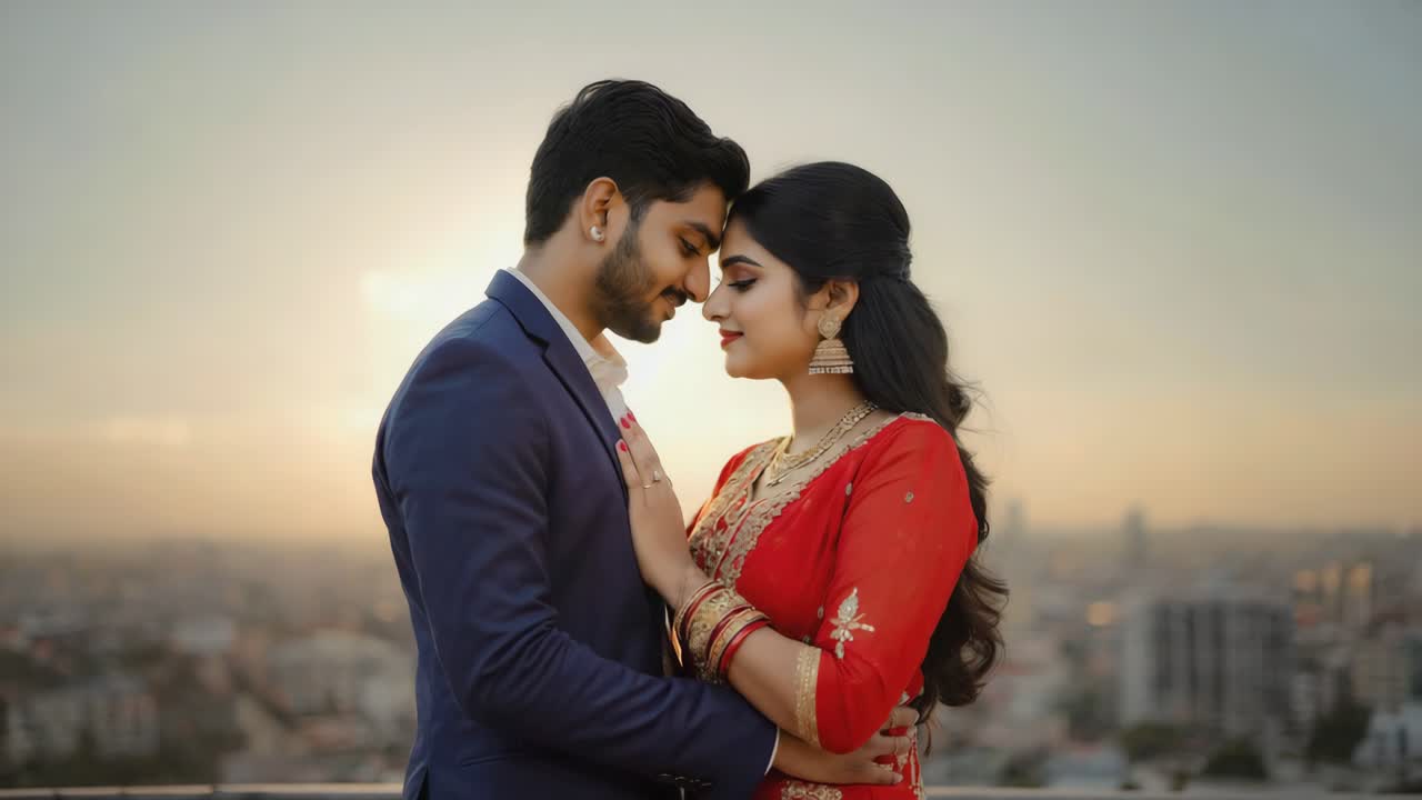 A loving couple embraces during their Indian wedding at sunset