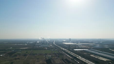 Aerial-view-of-the-industrial-outskirts-of-Shandong-Province,-Linyi,-China-on-a-hazy-day