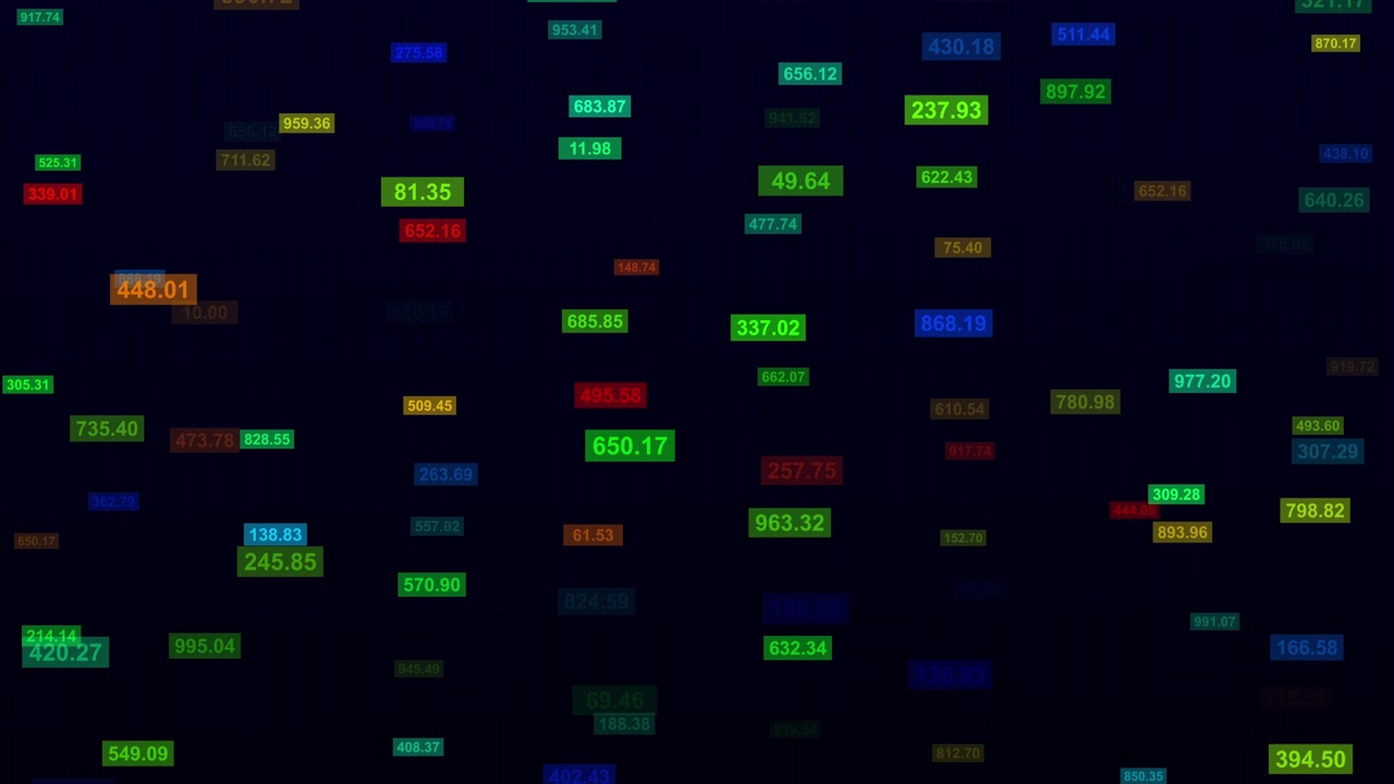 Flusso di dati digitali con valori numerici fluttuanti su sfondo scuro