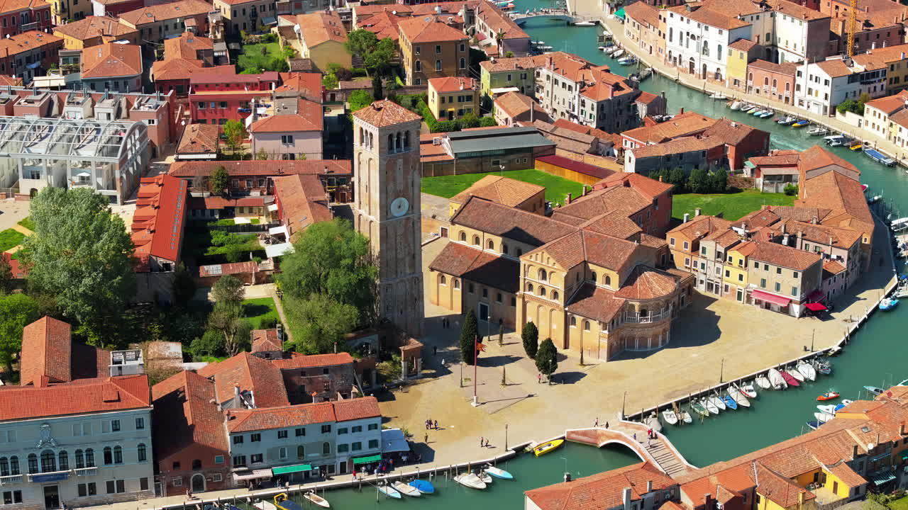 Aerial drone view of Basilica dei Santi Maria e Donato in Venice City, Italy in daytime