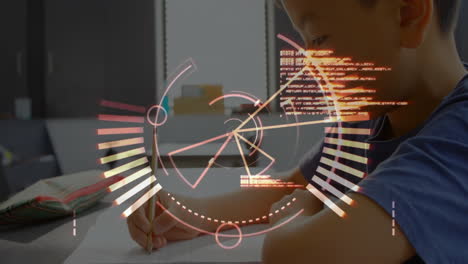 Writing in notebook, student with futuristic data processing animation over