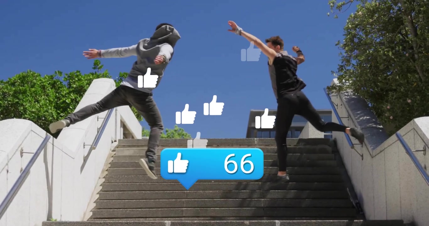 Dansepartnere træder, hvilket får en like-tæller til at stige på en bytrappe, der driver social markedsføring.