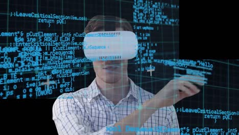 animación del procesamiento de datos sobre el hombre que usa auriculares vr sobre fondo negro