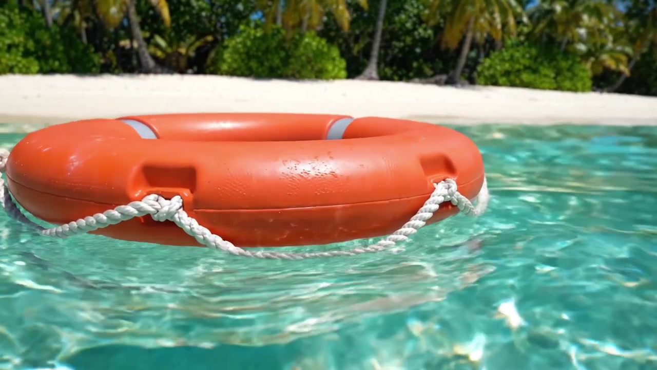 Un salvagente arancione brillante galleggia tranquillamente in acqua cristallina, circondato da palme tropicali su una serena spiaggia.