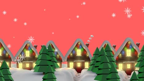 Animation-of-snow-falling-over-houses-with-christmas-decoration-on-orange-background