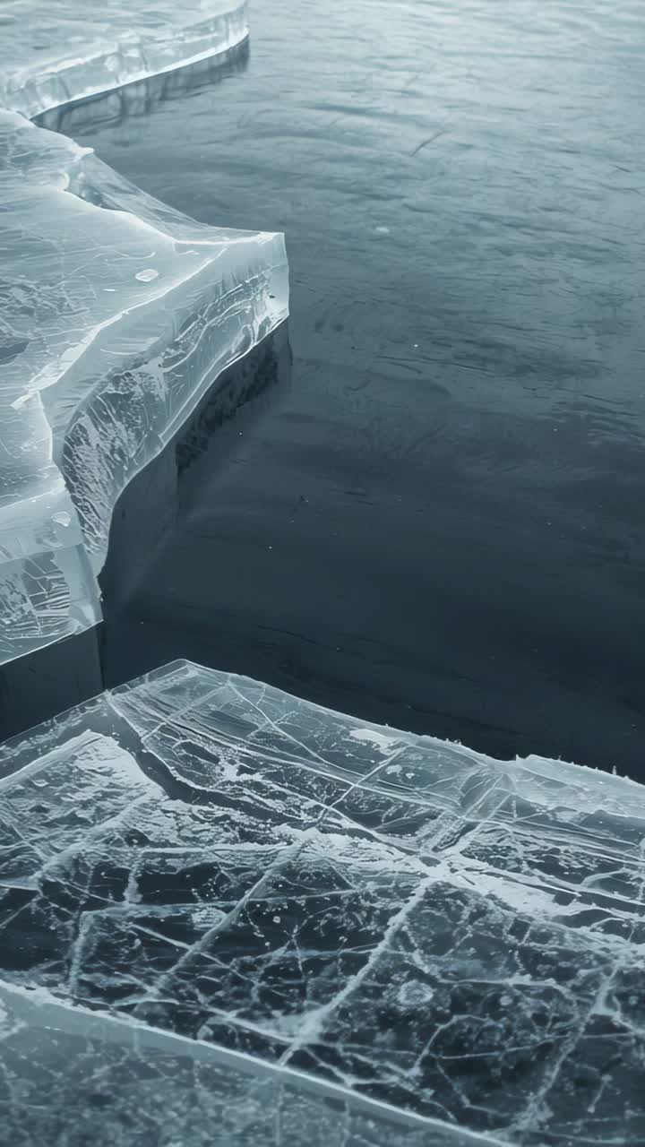 Vertical video: Panning camera exposing ice edge at shore to show ice detail, dark water and flecks