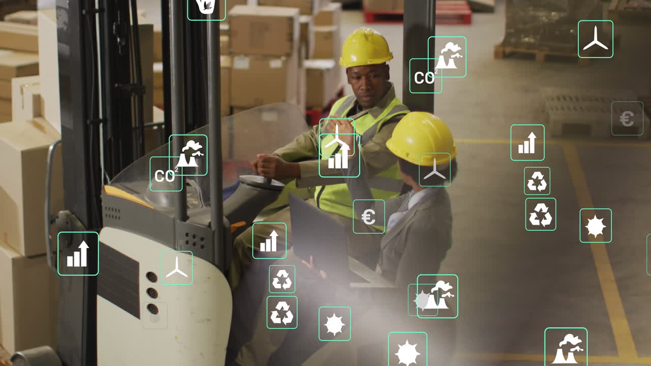 Animation of eco icons and data processing over diverse people working in warehouse