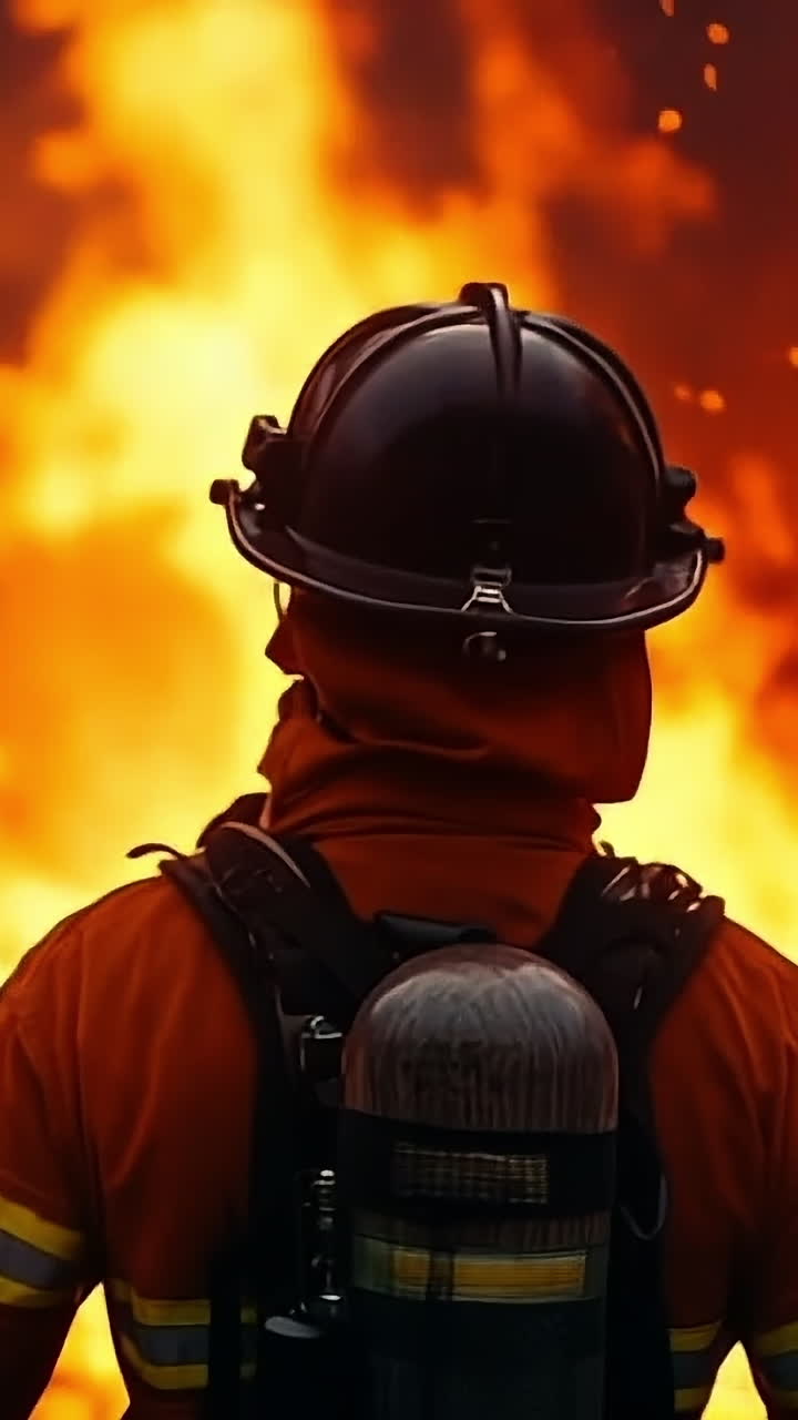 Firefighter battling a fierce wildfire. A firefighter stands resolutely in front of a raging wildfire, working to control the spreading flames and smoke.