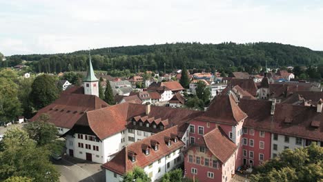 Aerial-of-a-small-medieval-town-next-to-the-river-Aare