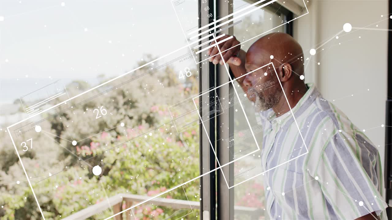 Senior man reaching, sliding door open, stepping, leaning, gazing at water while HUD tech tracking