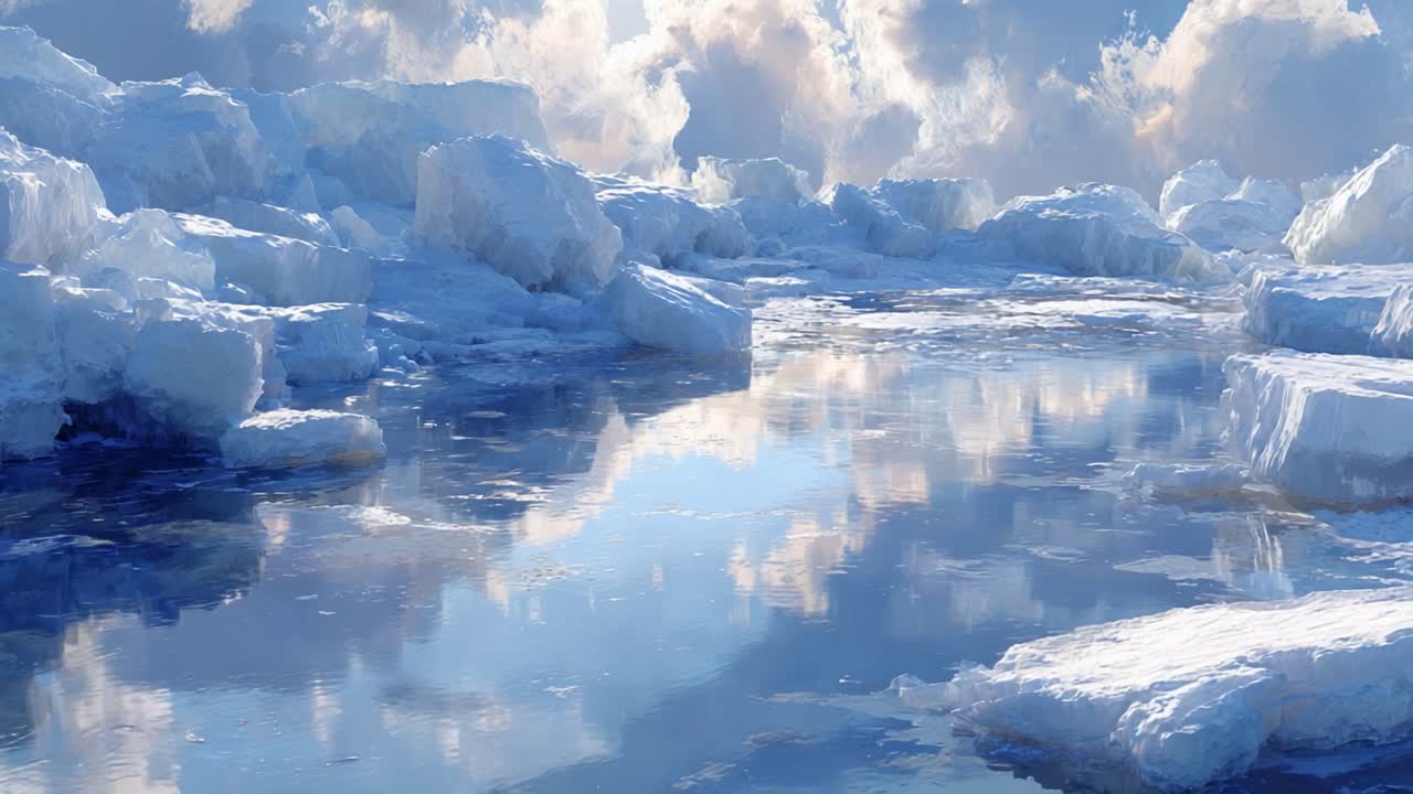 शांत बर्फ और पानी का एक शानदार दृश्य: स्थिर जल में बादलों के प्रतिबिंबों के साथ हिमनद परिदृश्य की शांत सुंदरता।