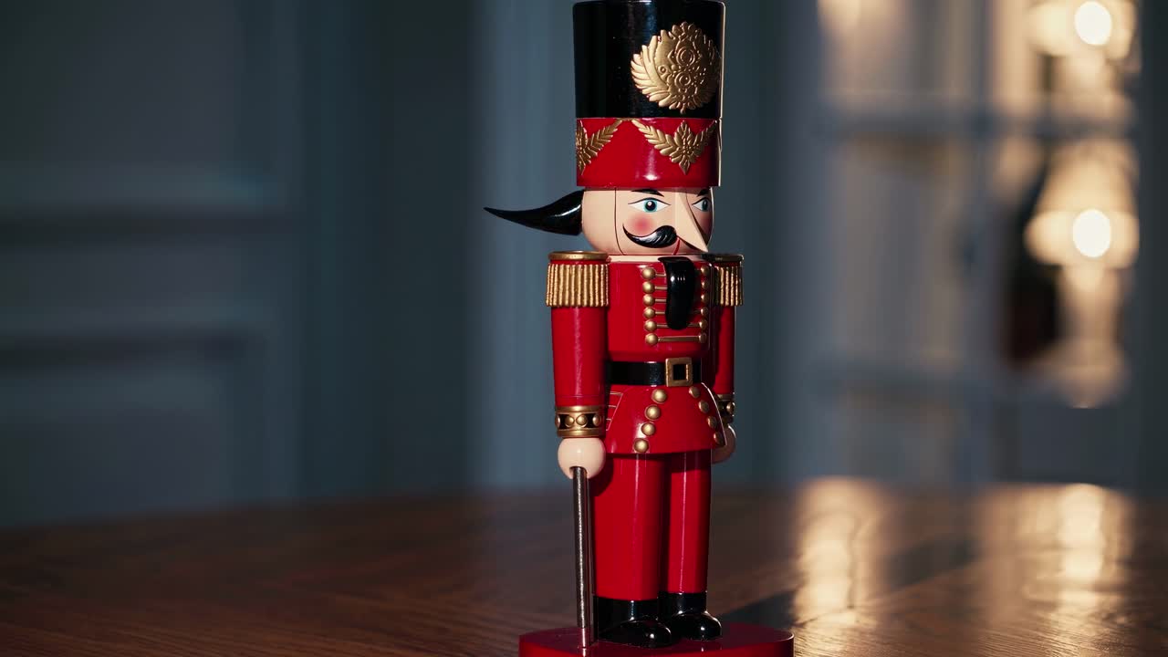 Close-up video of a classic wooden nutcracker soldier in vibrant red, shot at eye level