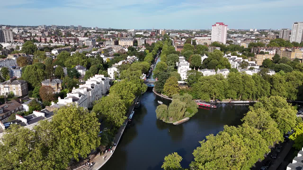 Reverse drone,aerial Regents canal Little Venice London UK