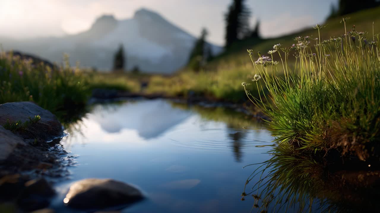 Serene Mountain Reflection: A Tranquil Scene of Nature's Beauty with Gentle Waters and Lush Greenery Framing Captivating Peaks in the Background