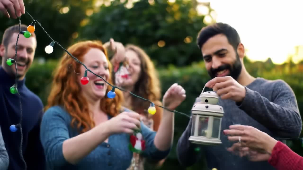 Celebrating Togetherness: Friends Joyfully Decorating with Colorful Lights and Lanterns for a Memorable Outdoor Gathering Experience