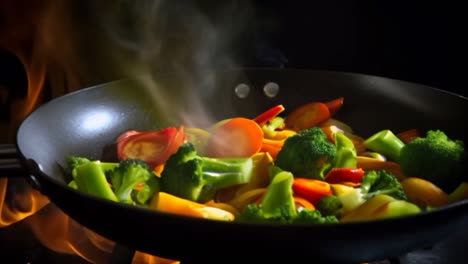 fresh vegetables in frying pan on gas stove close up