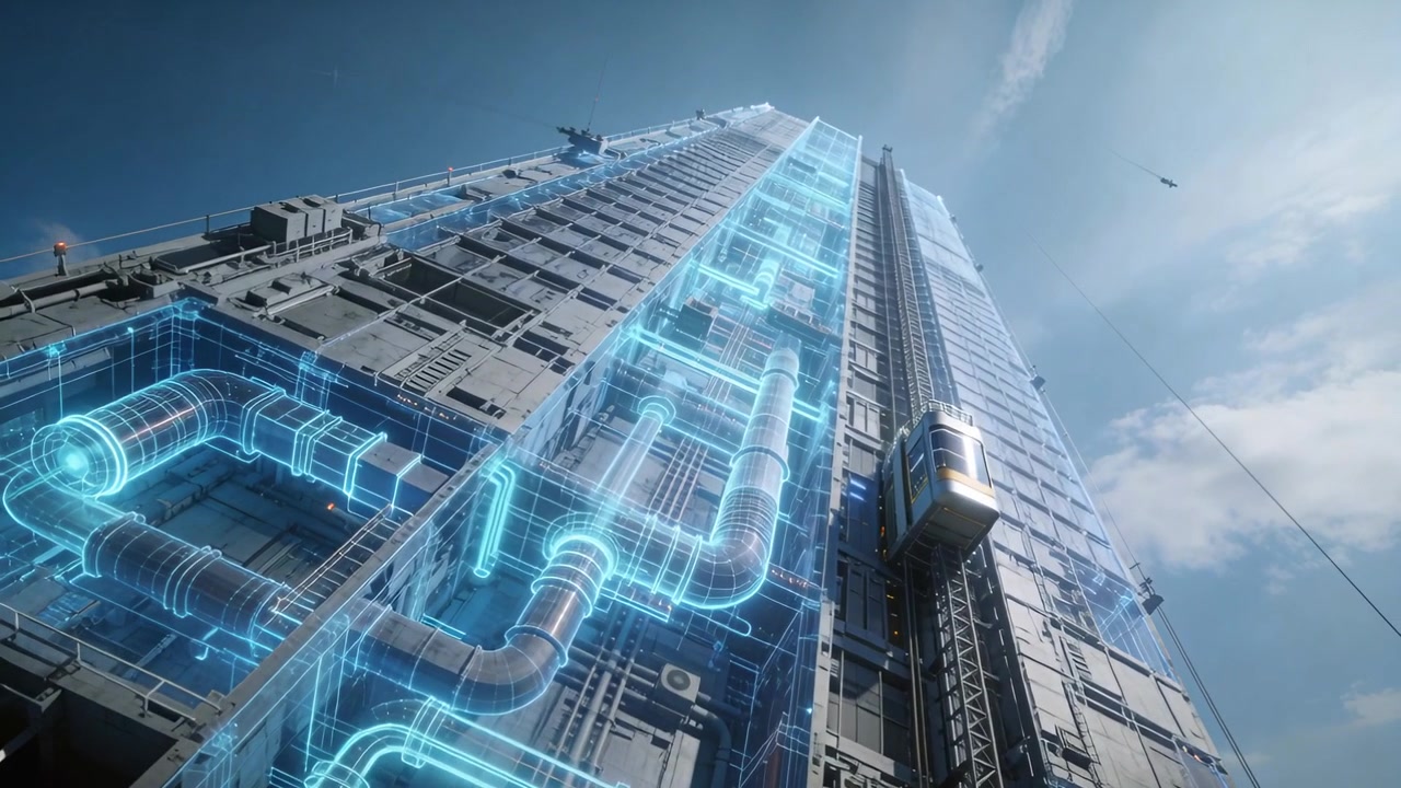 Tilting camera revealing tower facade in city with holo overlay and elevator ascending for checks