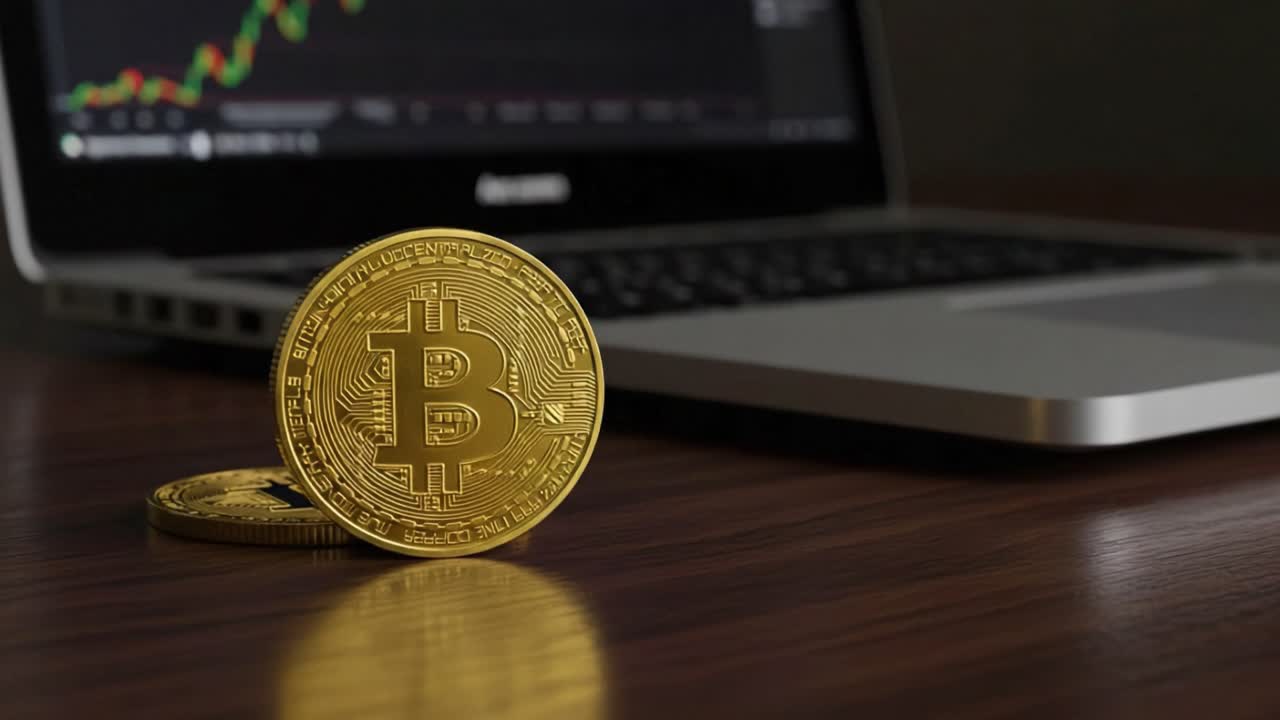 A Glimpse into the World of Cryptocurrency: Analyzing Bitcoin's Rise with a Gold Coin in Focus and a Laptop Displaying Market Trends Behind It