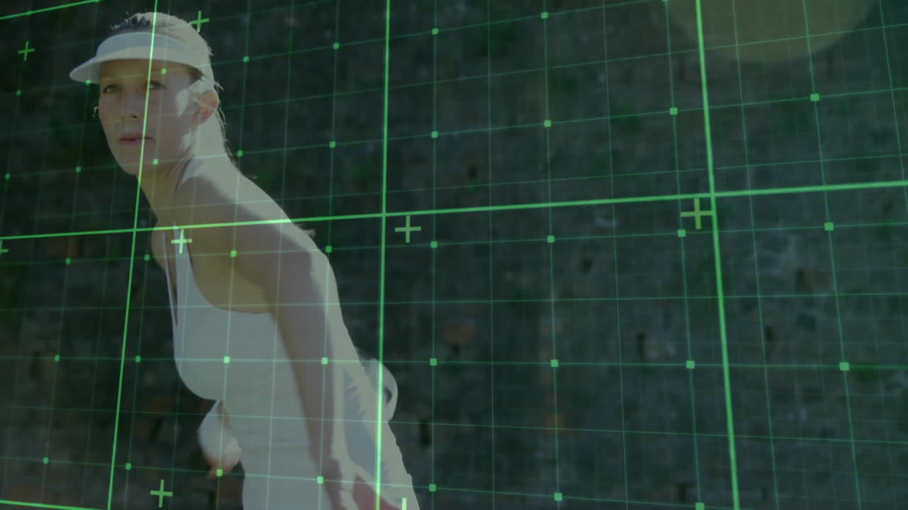Female tennis player swinging racket, overlaying AR grid with plus markers for digital training