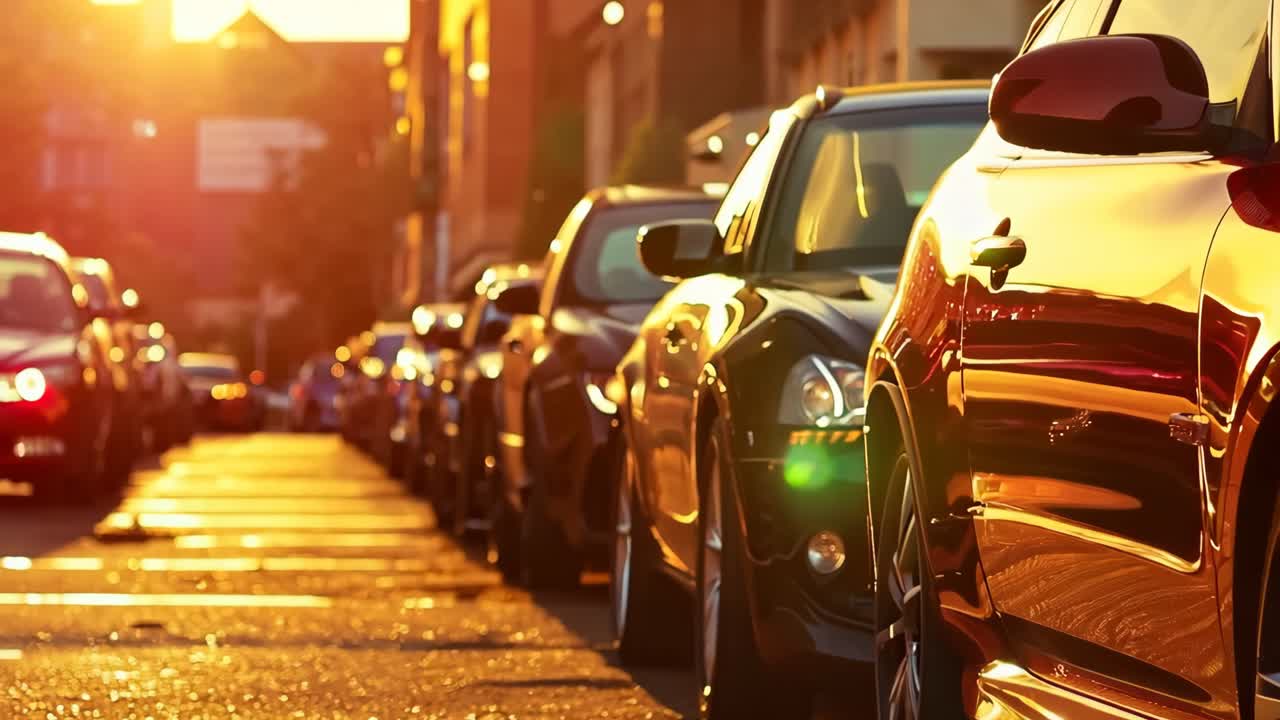 해가 지는 길 에 주차 된 차 의 줄