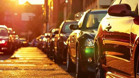 una fila de coches estacionados en el lado de una calle al atardecer