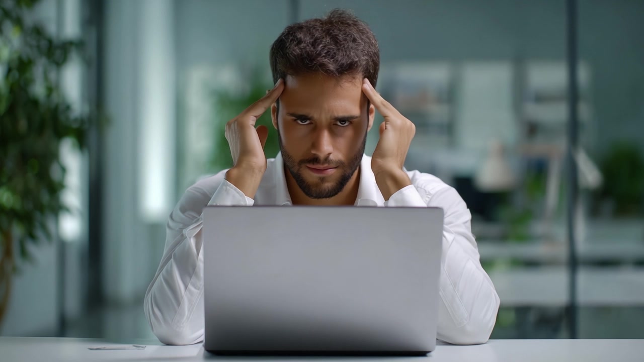 A man experiences frustration and stress while working on his laptop in a modern office environment, displaying signs of mental fatigue and concentration struggle.
