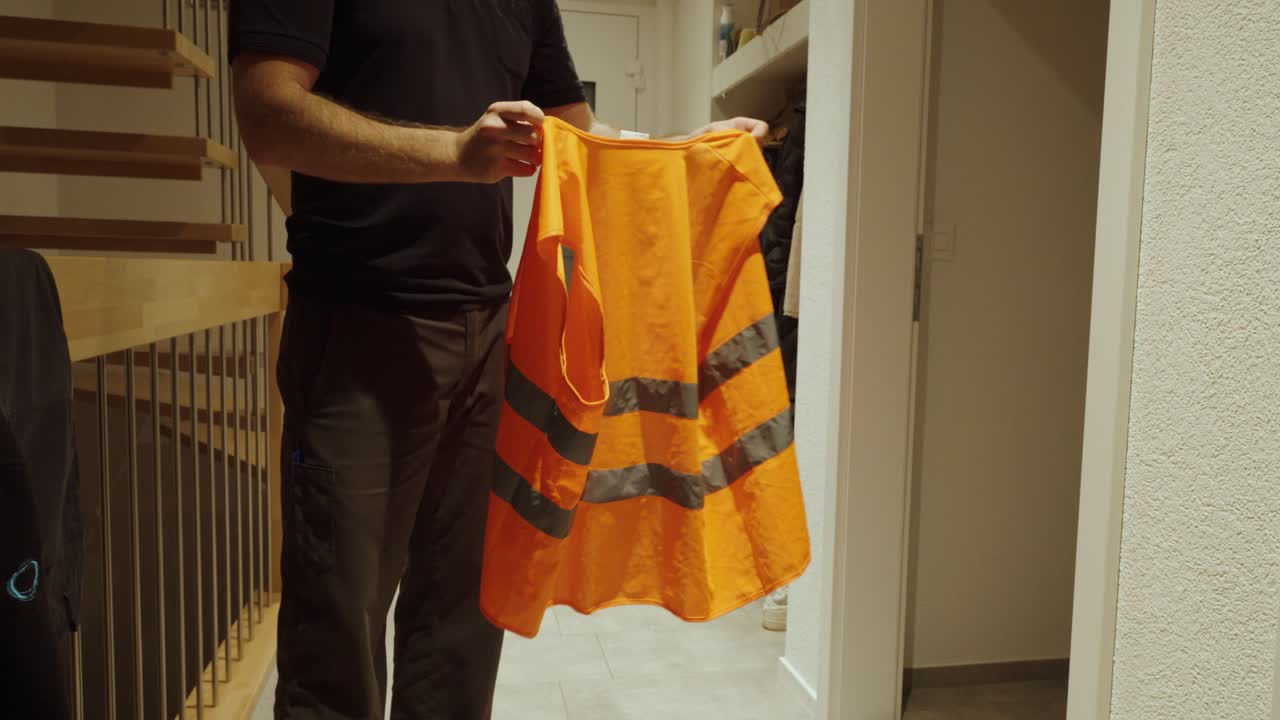 A man holds up and shows an orange reflective safety vest to the camera. Concept of safety gear, visibility, and workplace protection