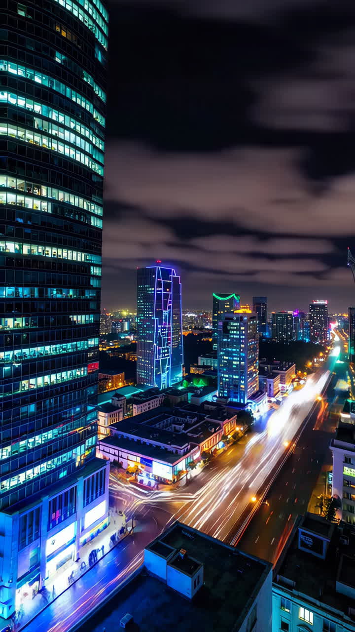 Night City Skyline with Light Trails