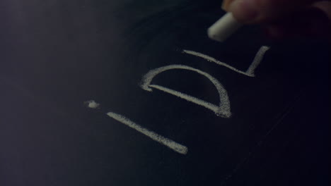 woman hand with piece of chalk. unrecognizable person writing text on blackboard