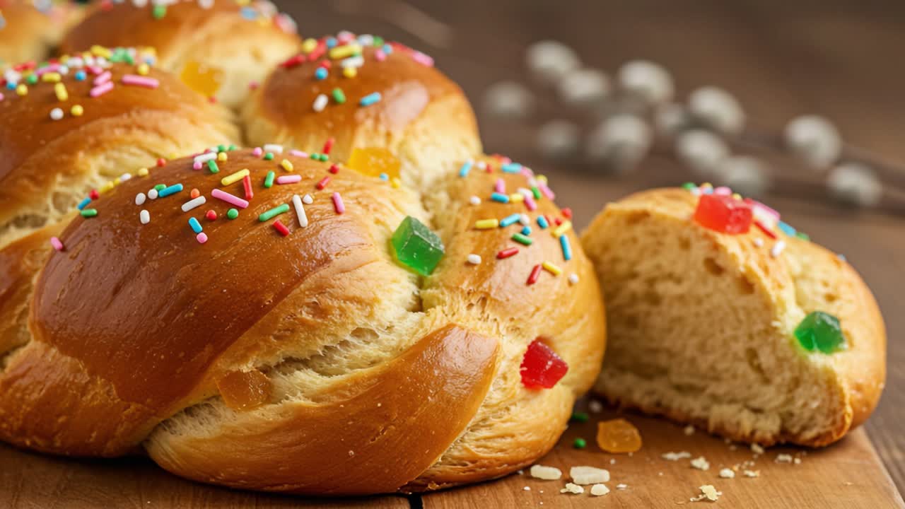 Deliciously Sweet Decorative Bread with Colorful Sprinkles and Candied Fruits, Perfectly Baked and Ready for Celebrations