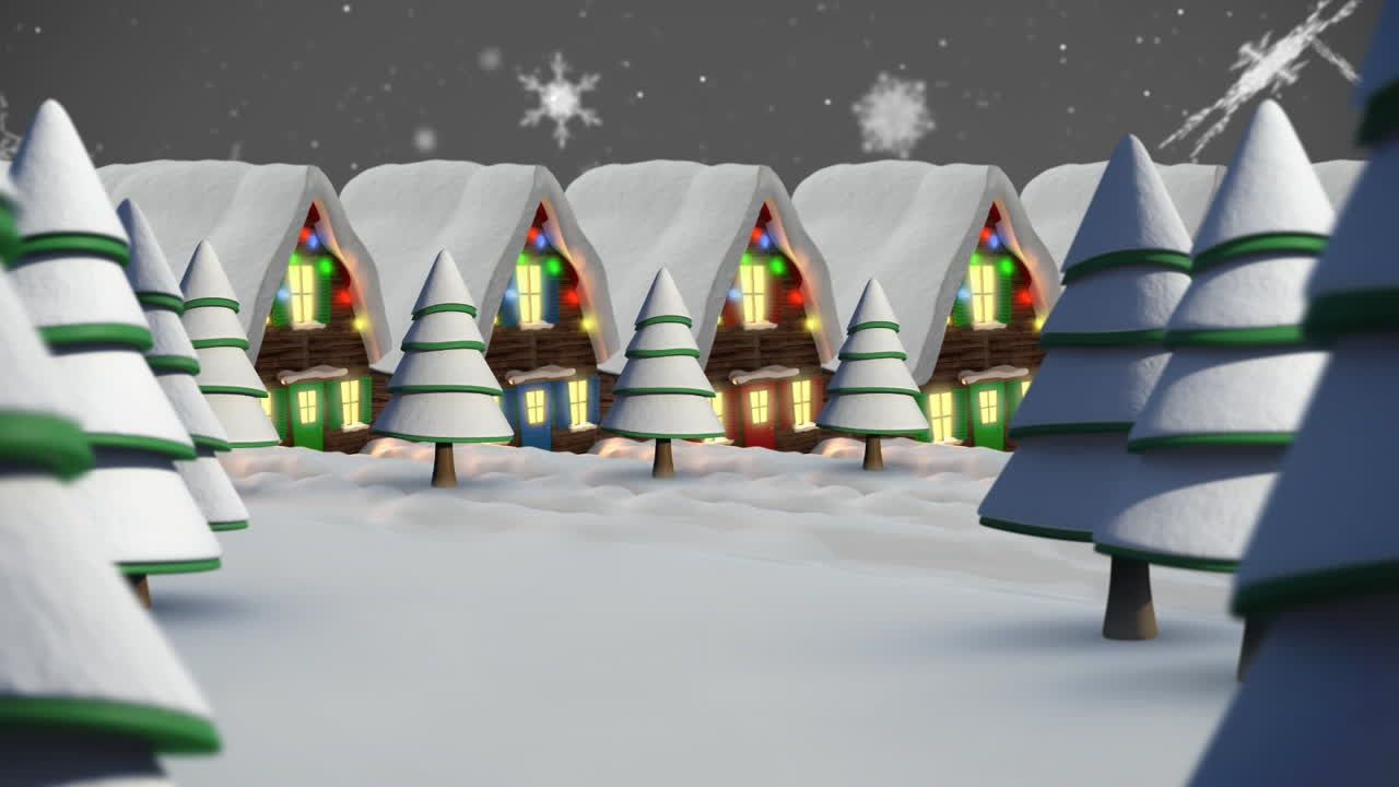 요정의 불빛으로 집 위에 내리는 눈의 애니메이션