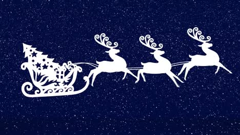 Animation-Des-Weihnachtsmanns-Im-Schlitten-Mit-Rentieren,-Der-Sich-über-Fallenden-Schnee-Bewegt