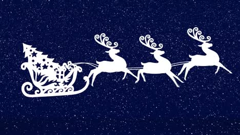 Animation-of-santa-claus-in-sleigh-with-reindeer-moving-over-falling-snow