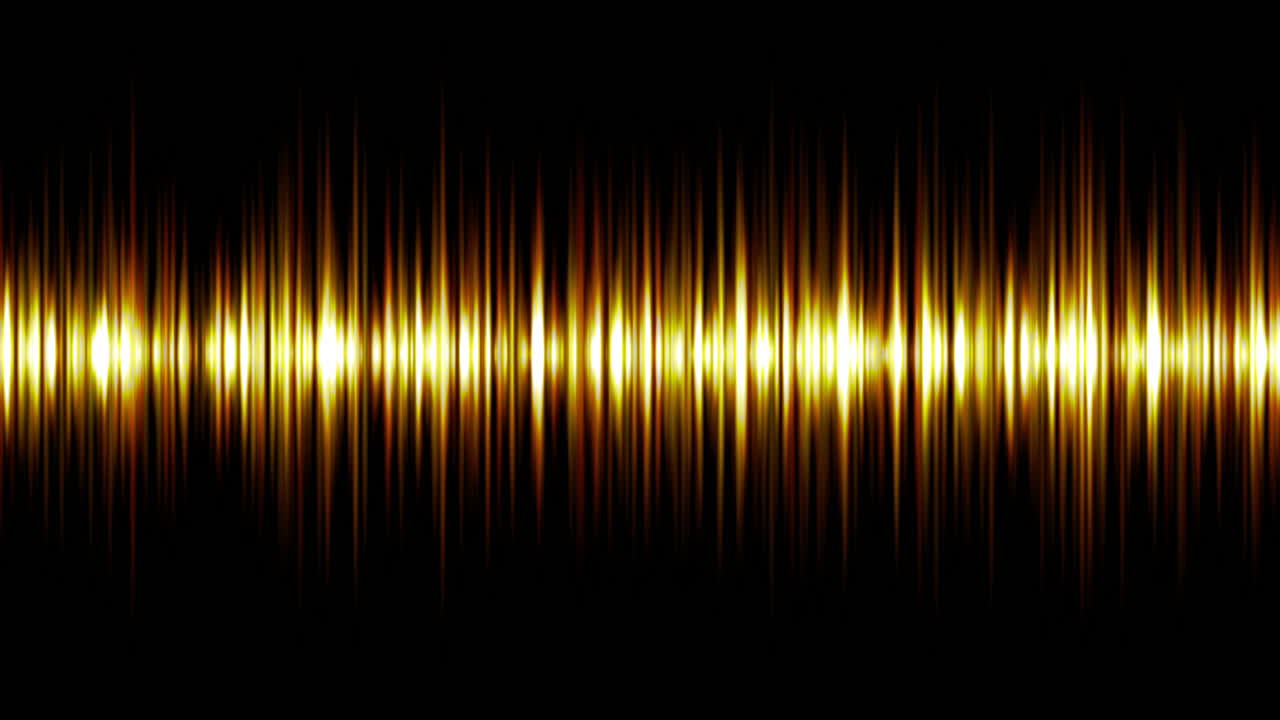A vibrant orange audio waveform pulsates against a deep black background. 4K with glowing vertical bars reacting to sound frequencies, perfect for music visualizer, podcast intros