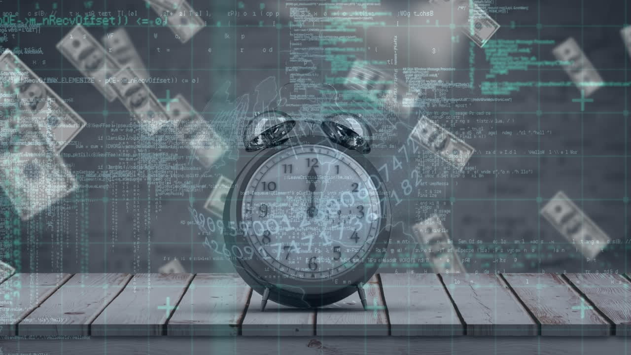 Animation of data processing over clock and banknotes