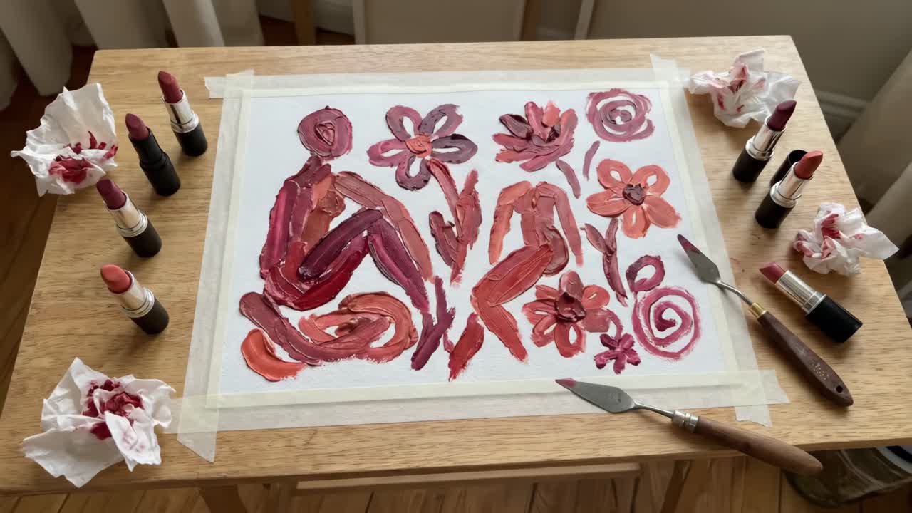 Pintura de Batom Criativa com Figuras Abstratas e Flores