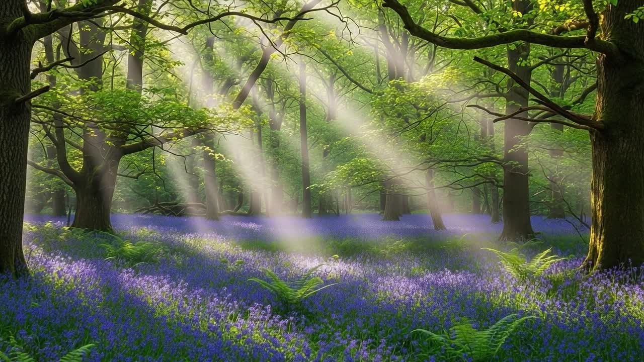A Serene Woodland Scene Bathed in Soft Sunlight with a Carpet of Bluebells and Verdant Ferns, Creating a Tranquil Natural Atmosphere in a Lush Forest Setting