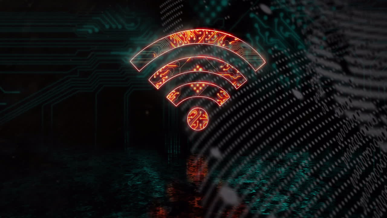 Wi-Fi symbol glowing with digital circuit patterns on dark surface in animation