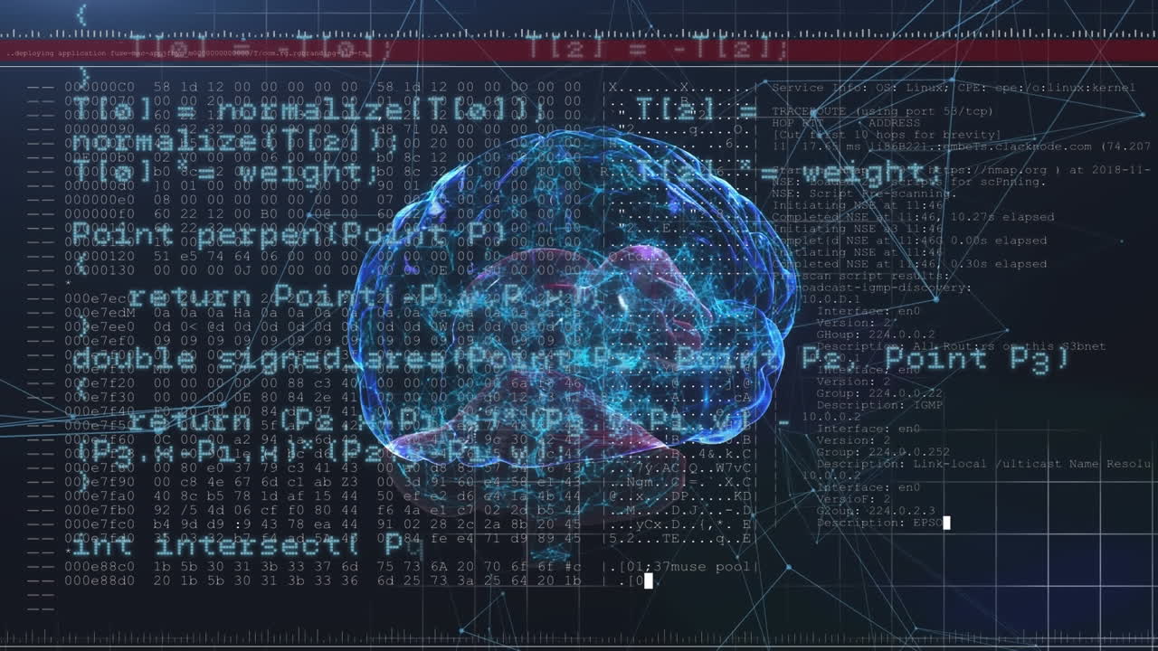 Animation of data processing and network of connections against spinning human brain icon