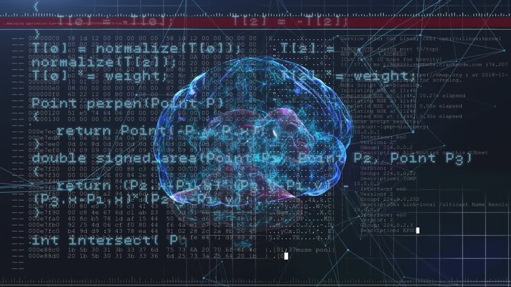 Animation of data processing and network of connections against spinning human brain icon